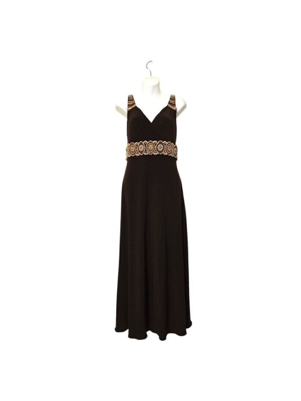 Adrianna Papell Vintage Brown Wrapped Bodice Beaded Detail Maxi Dress Sz 12